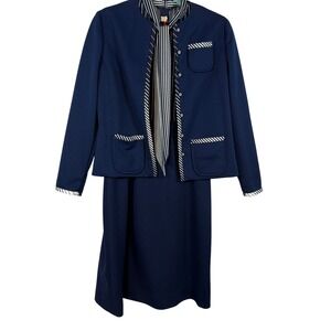 Vintage Leslie Fay‎ Navy Blue Skirt Suit Set Striped Tie Secretary Career